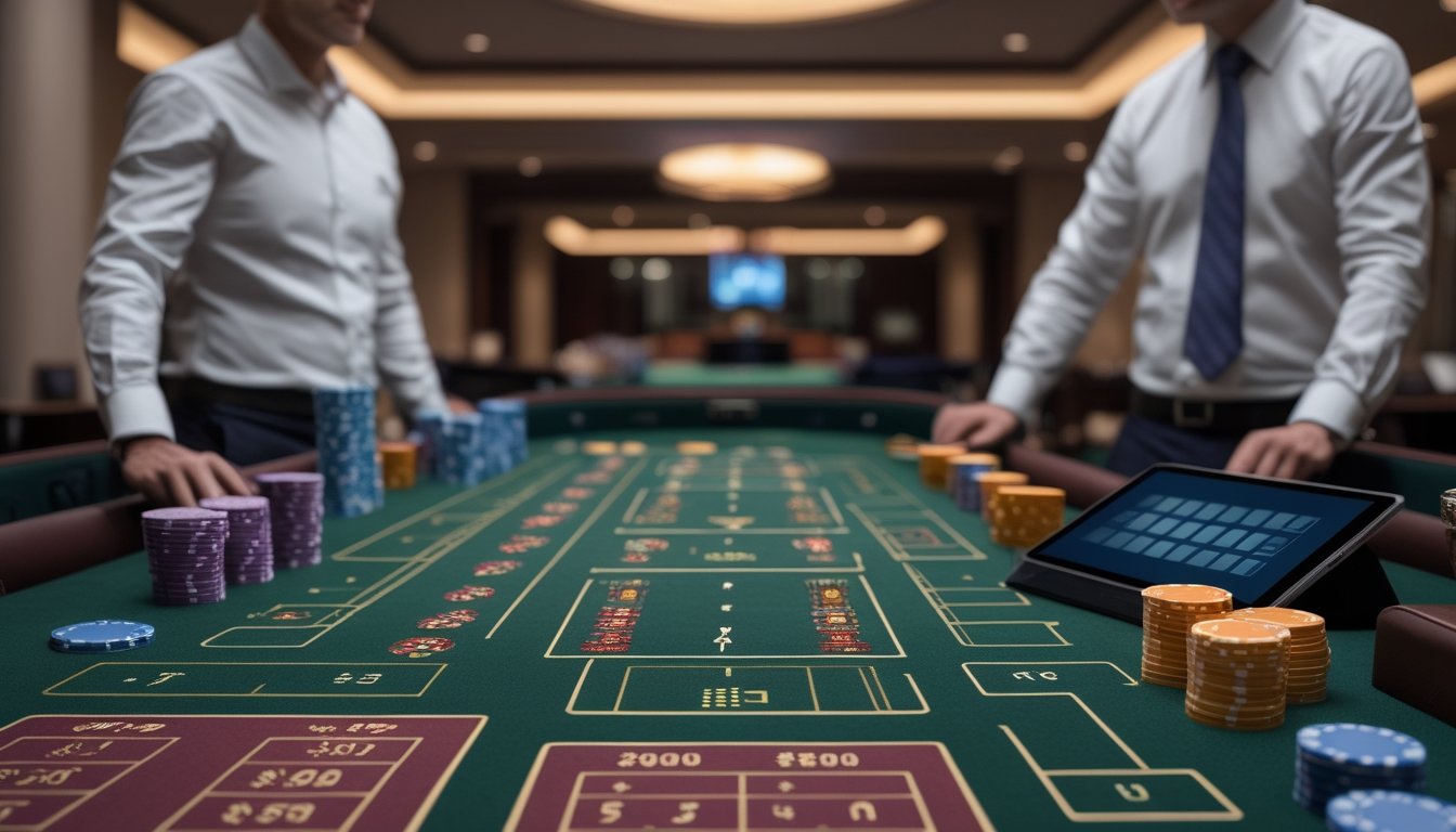 Seorang pemain membandingkan beberapa meja mini baccarat dengan tumpukan chip dan perlengkapan permainan di interior kasino.