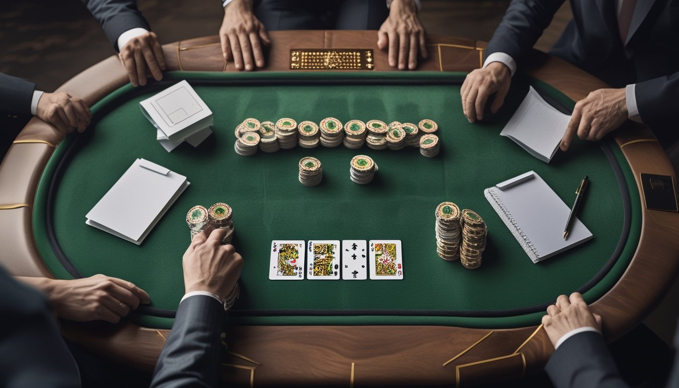 Meja mini baccarat dengan kartu, tumpukan chip, dan perlengkapan analisis yang tertata rapi.