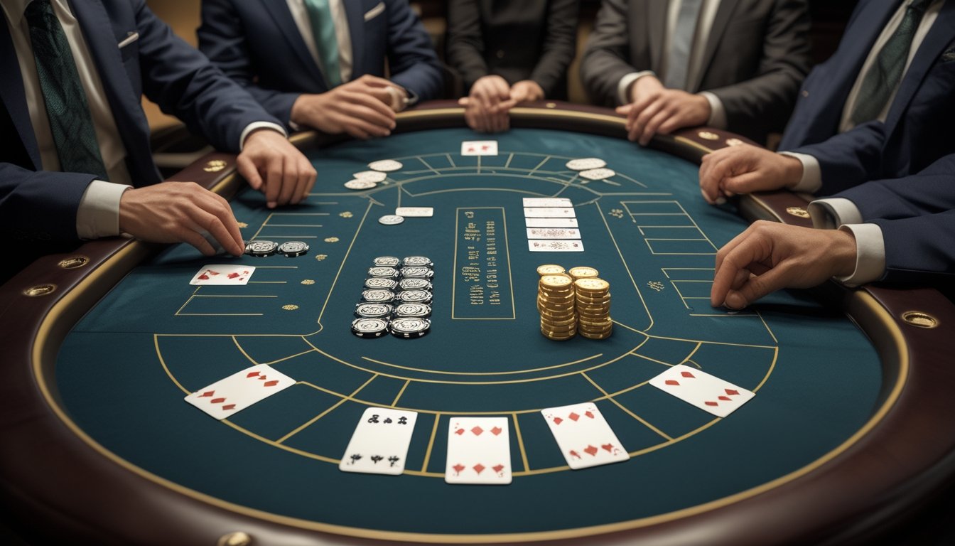 Meja mini baccarat dengan kartu, dua kelompok chip, dan dealer yang sedang mengatur permainan.