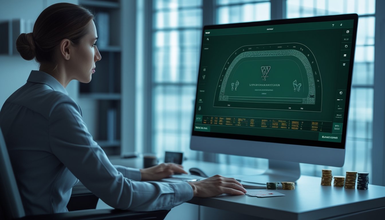 Seorang pemain fokus mengamati permainan baccarat digital di meja kerja modern dengan kartu dan tumpukan chip.
