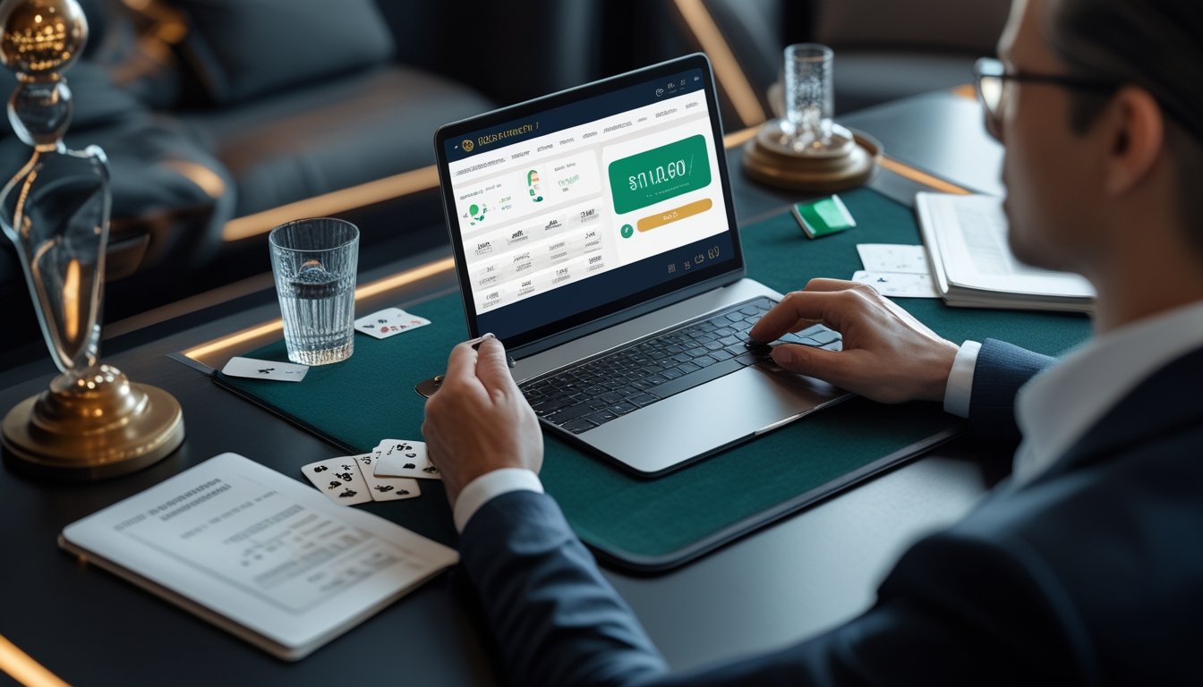 Seseorang meninjau permainan baccarat online dengan kartu, kalkulator, dan catatan kosong di meja.