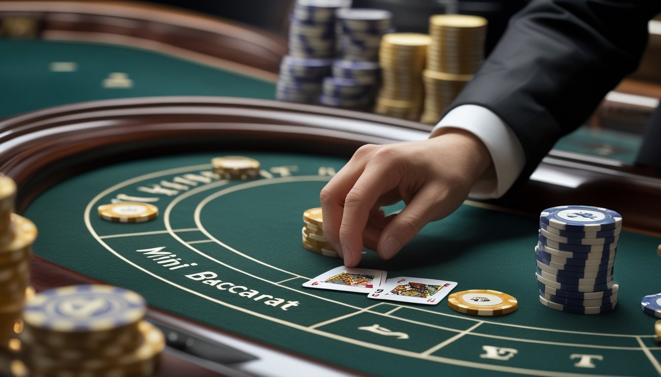 Meja mini baccarat dengan kartu dan tumpukan chip di suasana kasino yang elegan.