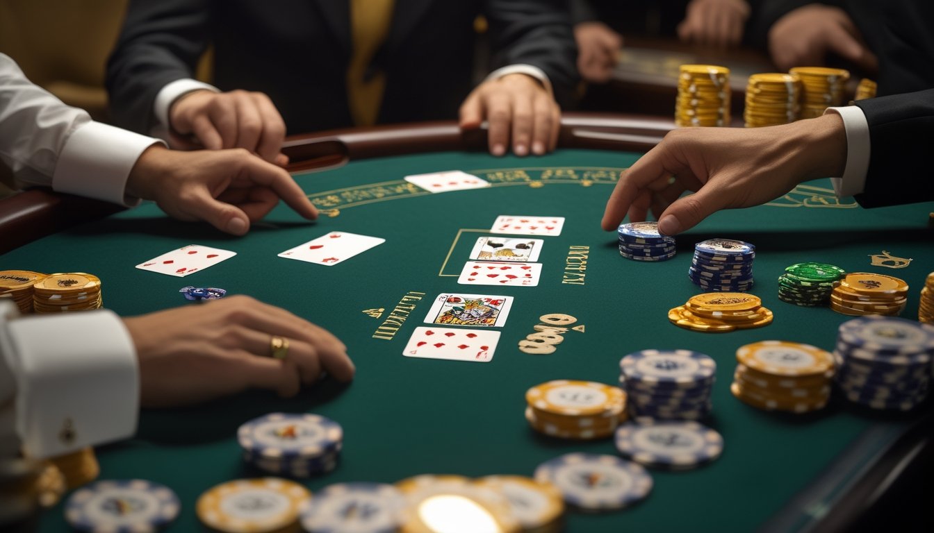 Meja mini baccarat dengan kartu, keping taruhan, dan tangan dealer yang sedang menata permainan di suasana kasino.