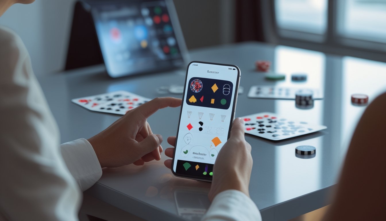 Orang dewasa memainkan mini baccarat melalui ponsel pintar di meja dengan kartu dan keping kasino.