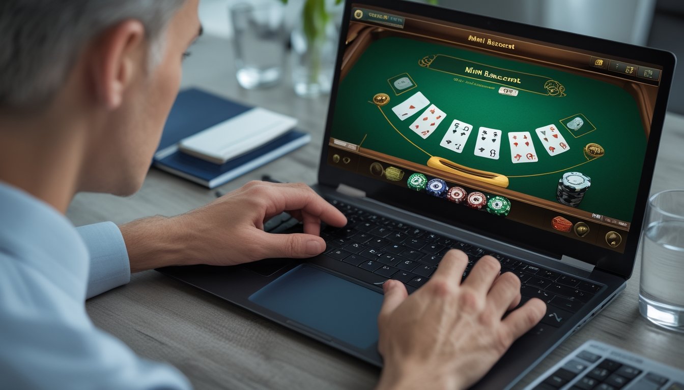 Seseorang dengan hati-hati meninjau permainan mini baccarat online di laptop sebelum memasang taruhan.