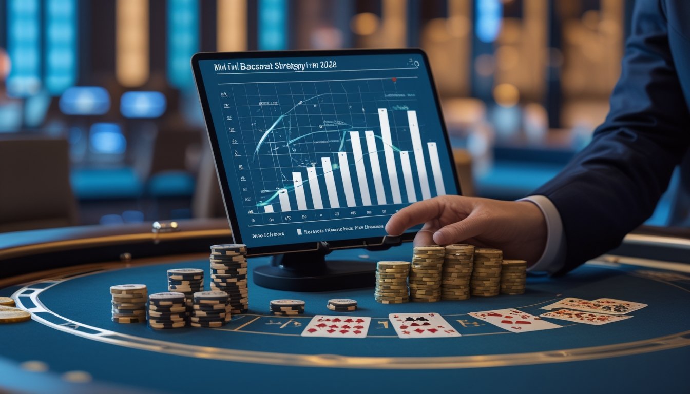 Meja mini baccarat dengan kartu, tumpukan chip kasino, dan tablet berisi grafik analisis di dalam kasino modern.
