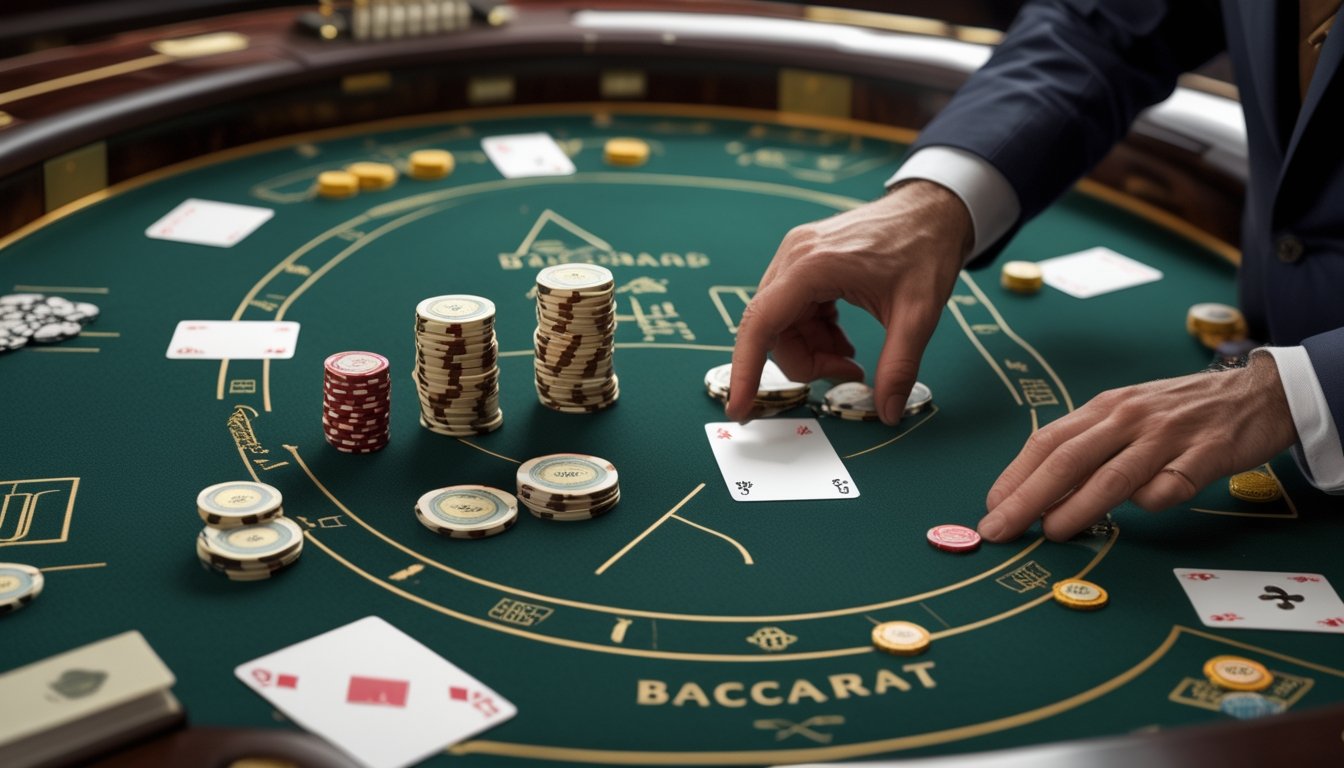 Meja Mini Baccarat dengan kartu, tumpukan chip, dan tangan pemain yang menata taruhan secara bertahap.