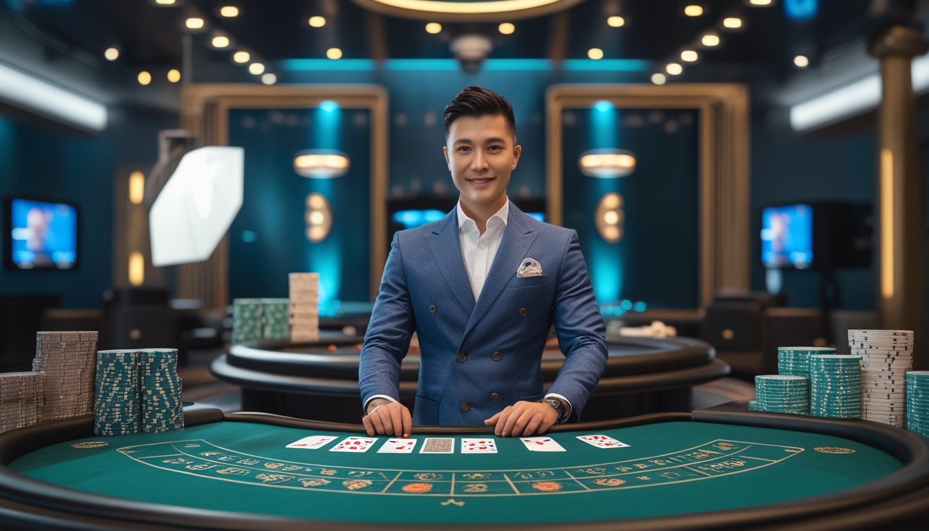 Dealer menyajikan permainan mini baccarat di meja kasino dengan kamera dan perlengkapan siaran langsung.