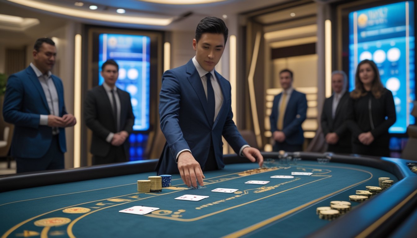 Dealer membagikan kartu baccarat di meja kasino modern saat beberapa pemain menyaksikan siaran langsung.