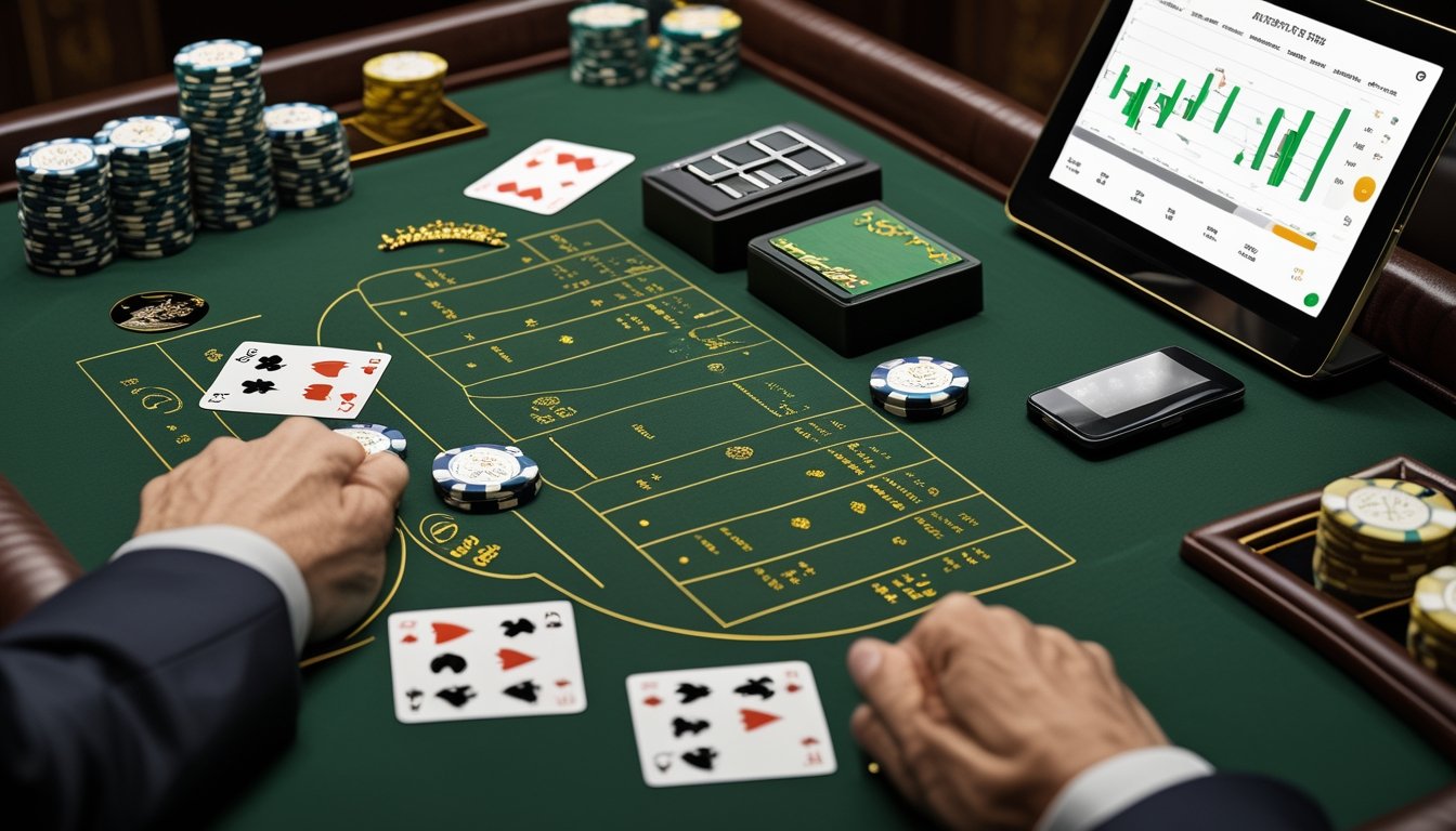 Seorang analis meninjau kartu, keping kasino, dan grafik di meja mini baccarat.