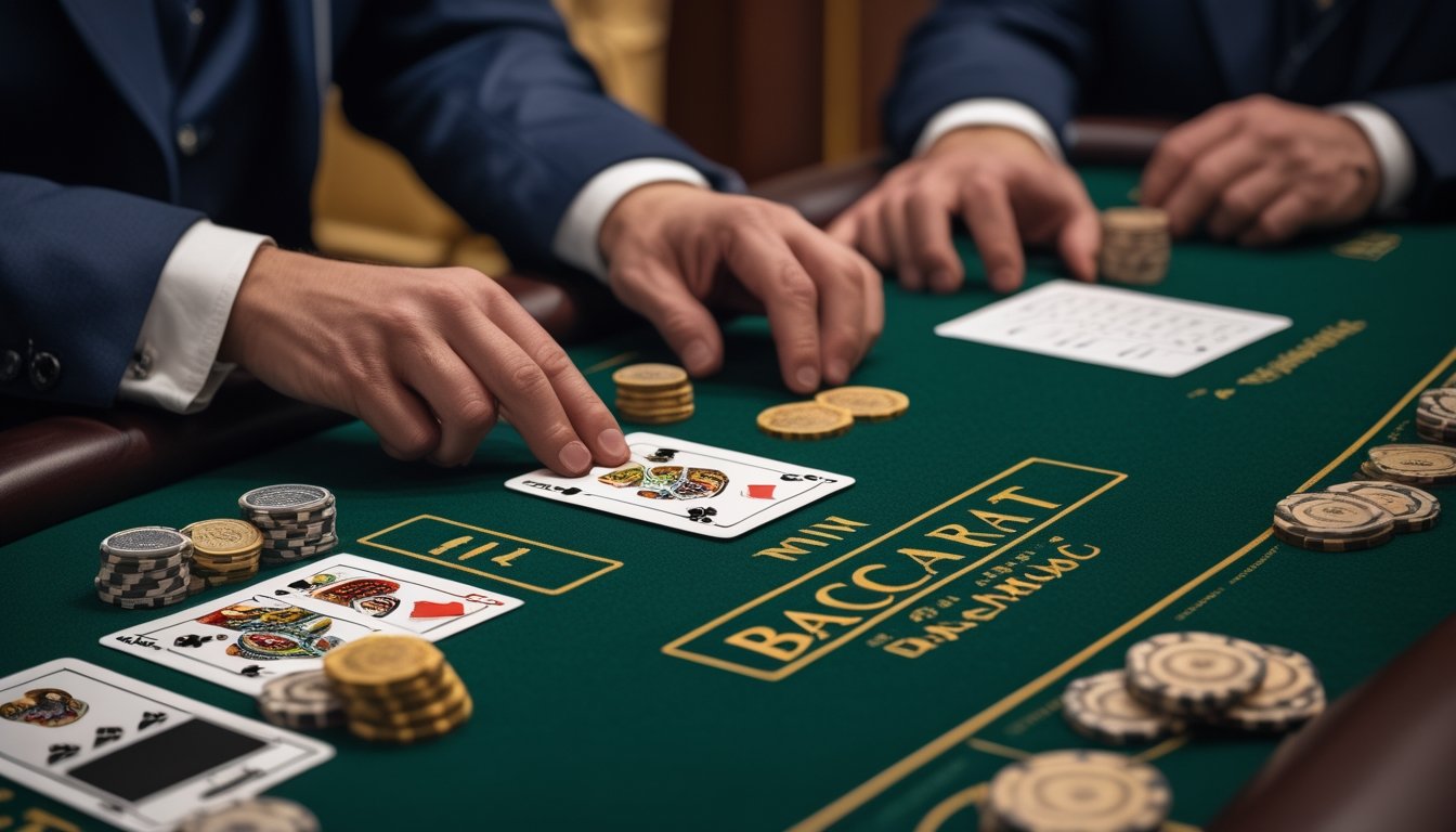 Meja mini baccarat dengan kartu, keping taruhan, dealer, dan perlengkapan analisis di suasana kasino yang elegan.