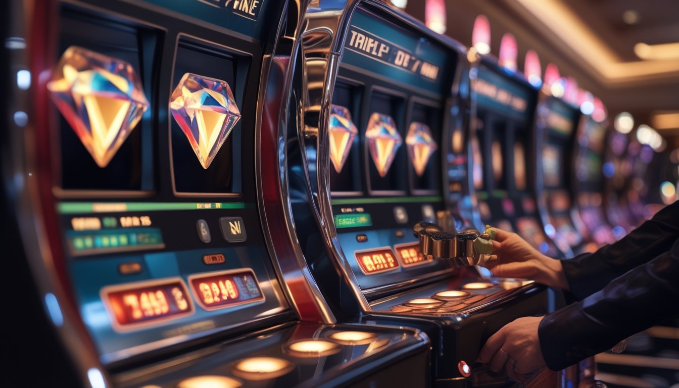 Mesin slot bertema berlian tiga di lingkungan kasino modern dengan tangan pemain dan beberapa keping kasino.