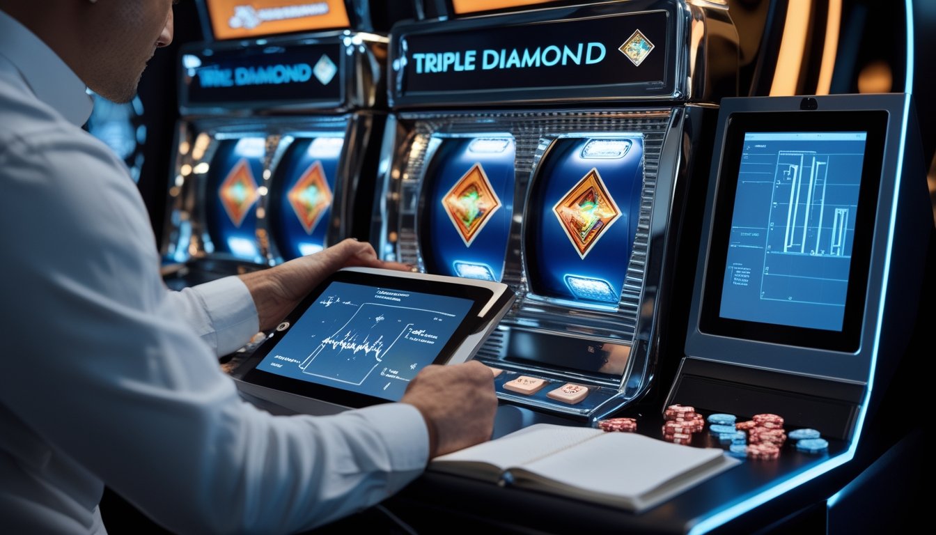 Dua profesional menganalisis mesin slot Triple Diamond dengan tablet, kalkulator, dan keping taruhan di lingkungan kasino modern.