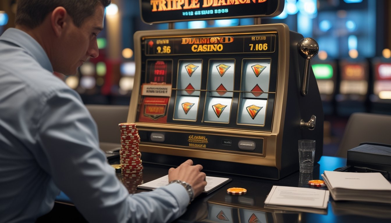 Seorang pemain mengatur chip dan anggaran di depan mesin slot Triple Diamond.