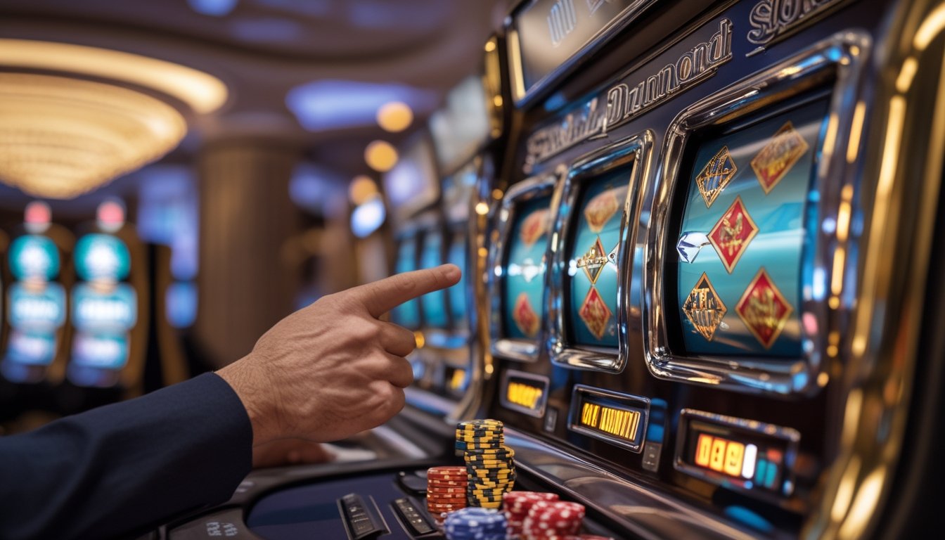 Mesin slot bertema berlian dengan koin kasino dan tangan pemain di dalam kasino modern.