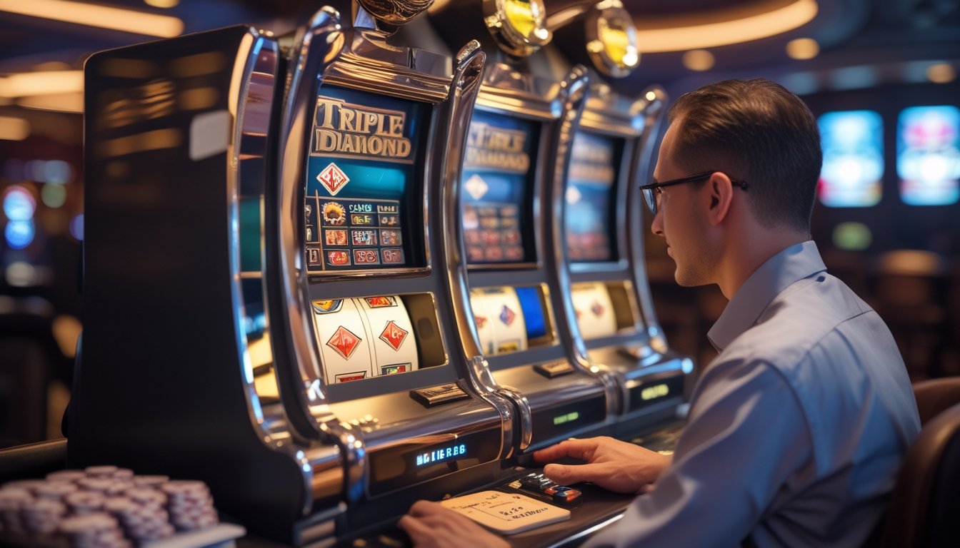 Pemain mempelajari mesin slot Triple Diamond dengan koin kasino dan catatan di meja.