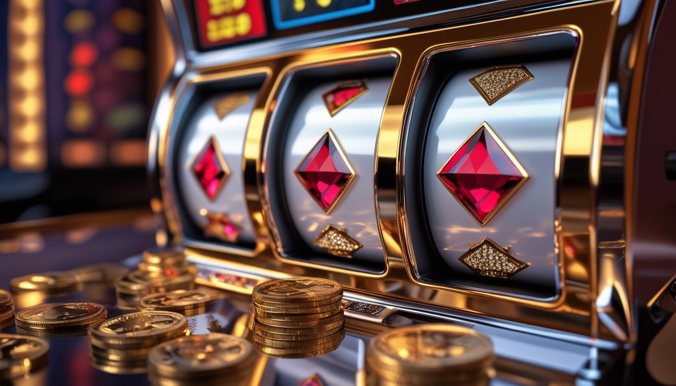 Mesin slot klasik dengan tiga simbol berlian di kasino yang elegan.