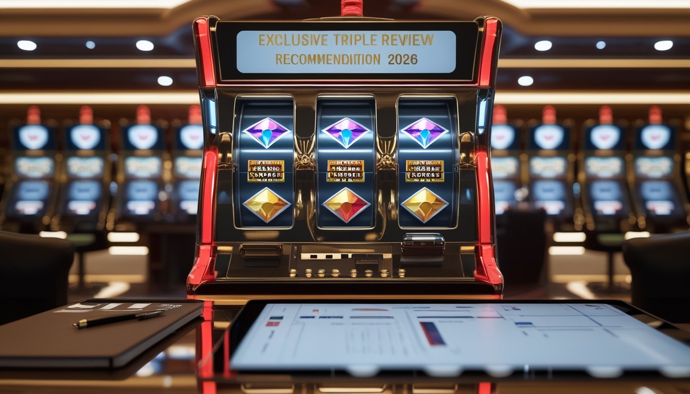 Mesin slot bertema berlian di ruang kasino mewah dengan tablet analisis di meja depan.