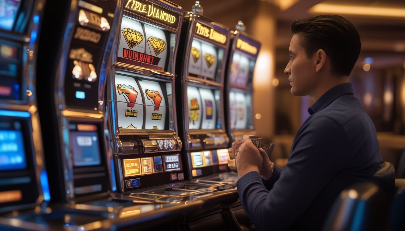 Pemain mengamati mesin slot Triple Diamond dengan beberapa keping taruhan di kasino.