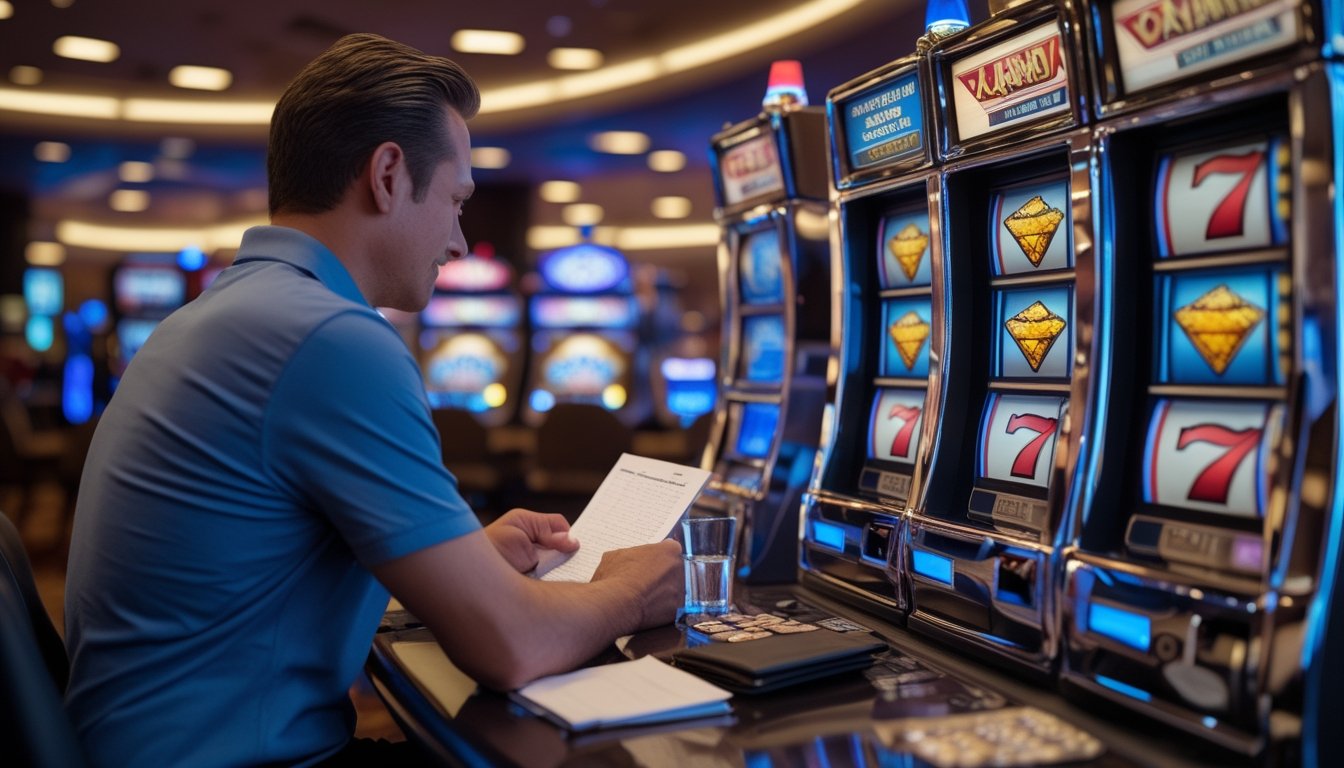 Seorang pemain dewasa meninjau anggaran di samping mesin slot Triple Diamond dengan sejumlah koin dan kalkulator.