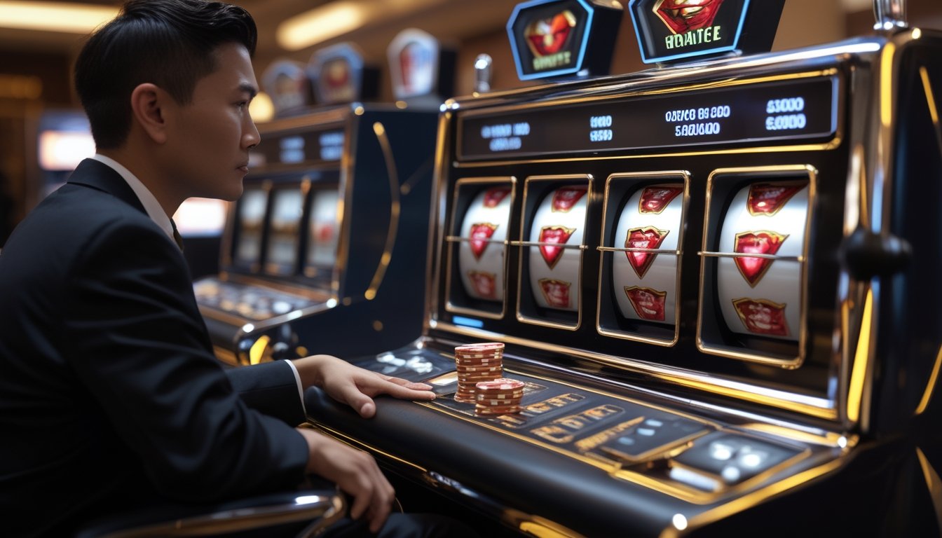 Seorang pemain dewasa duduk tenang di depan mesin slot berlambang berlian dengan dompet dan perlengkapan anggaran di dekatnya.
