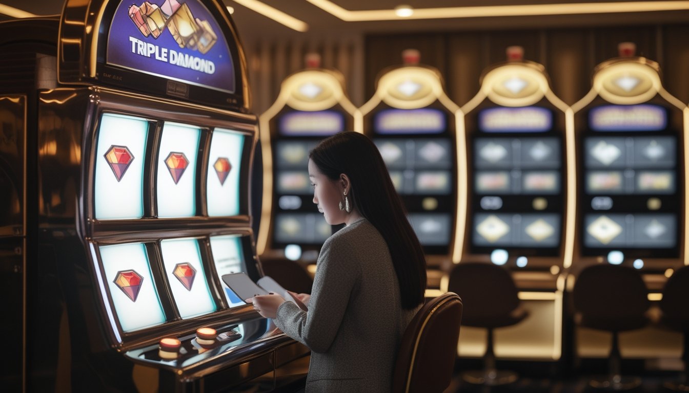 Seorang pemain mengamati mesin slot Triple Diamond dengan tenang di lingkungan kasino modern.