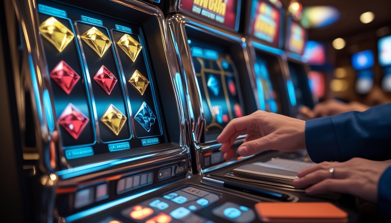 Tangan pemain mengoperasikan mesin slot bertema simbol berlian tiga di suasana kasino modern.