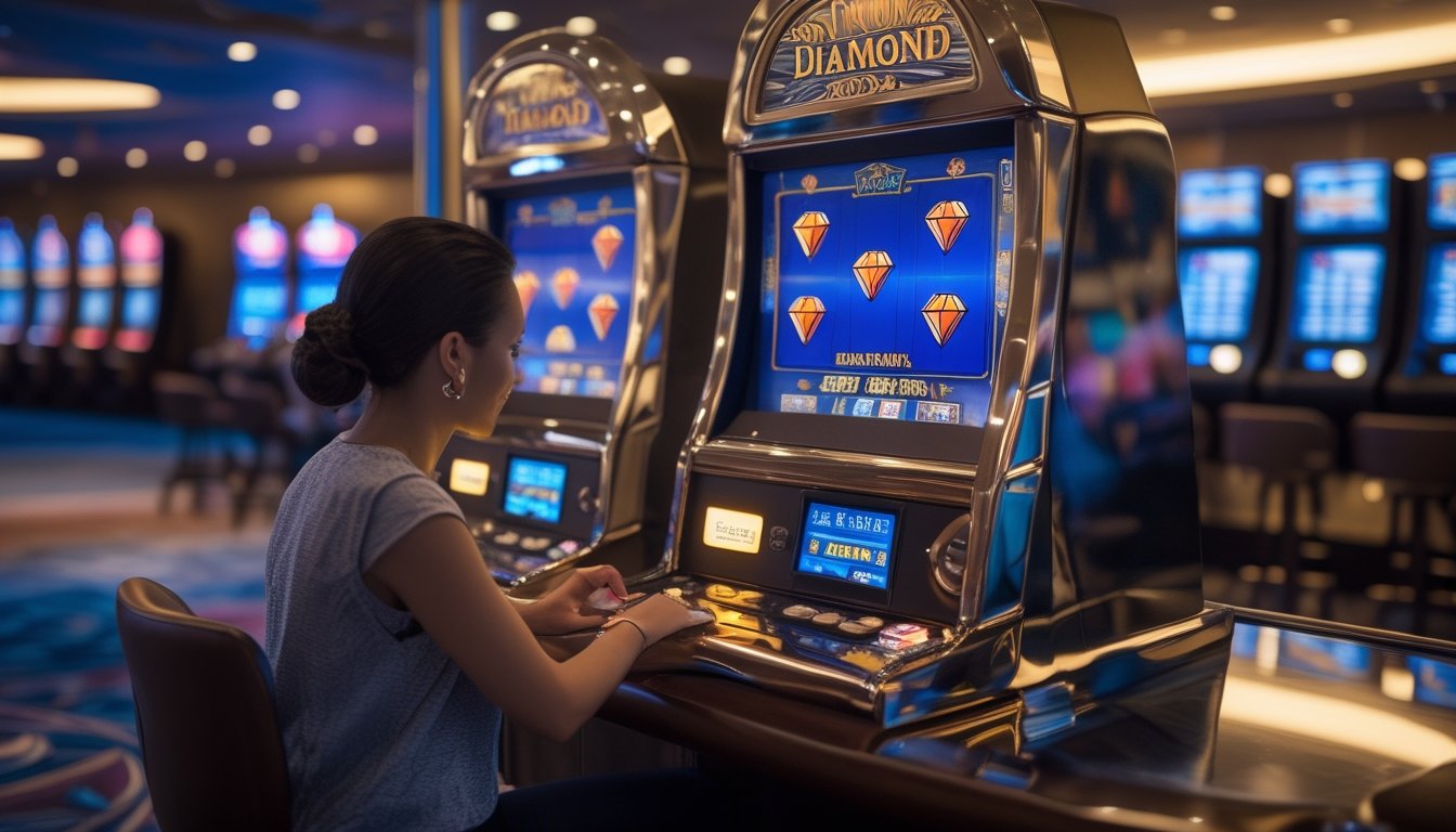Seorang pemain dewasa mengamati mesin slot Triple Diamond dengan token yang tertata rapi di area kasino.