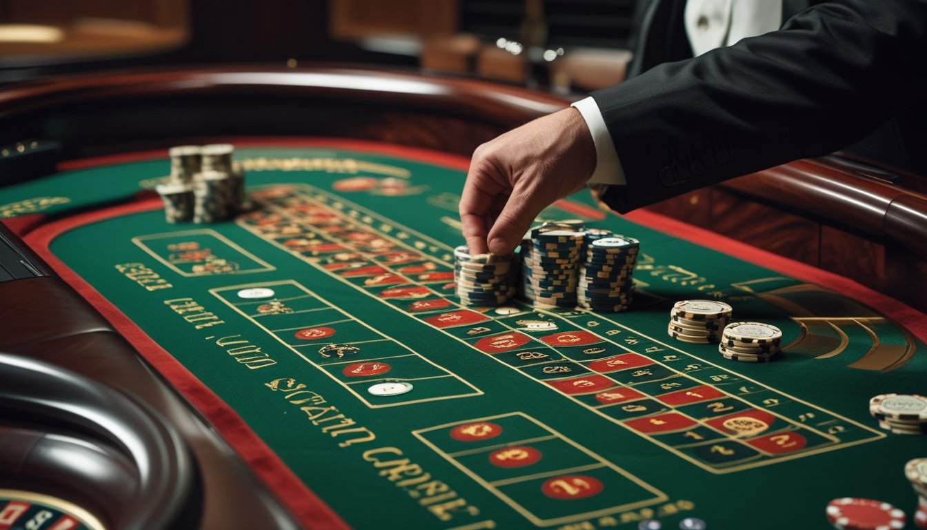 Meja roulette hijau dengan roda roulette dan keping taruhan yang ditempatkan pada area kolom dan lusin.