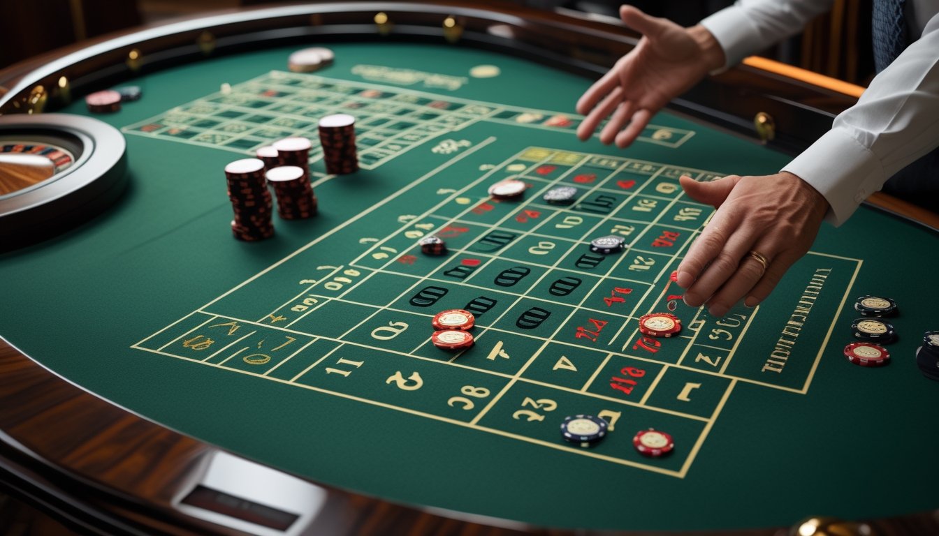 Meja roulette dengan susunan kolom, lusin, dan keping taruhan yang sedang dijelaskan.