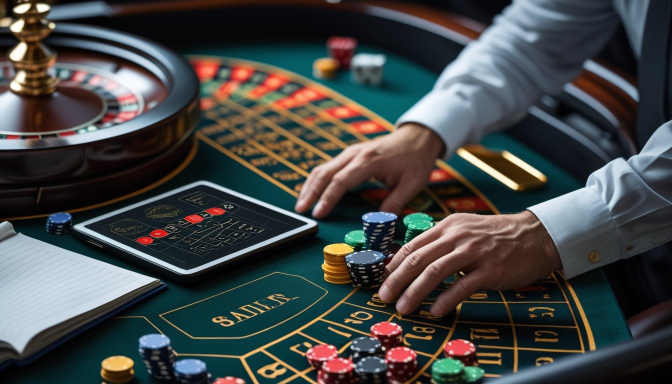 Roda roulette, keping taruhan, dan tablet berisi grafik analisis di atas meja kasino.