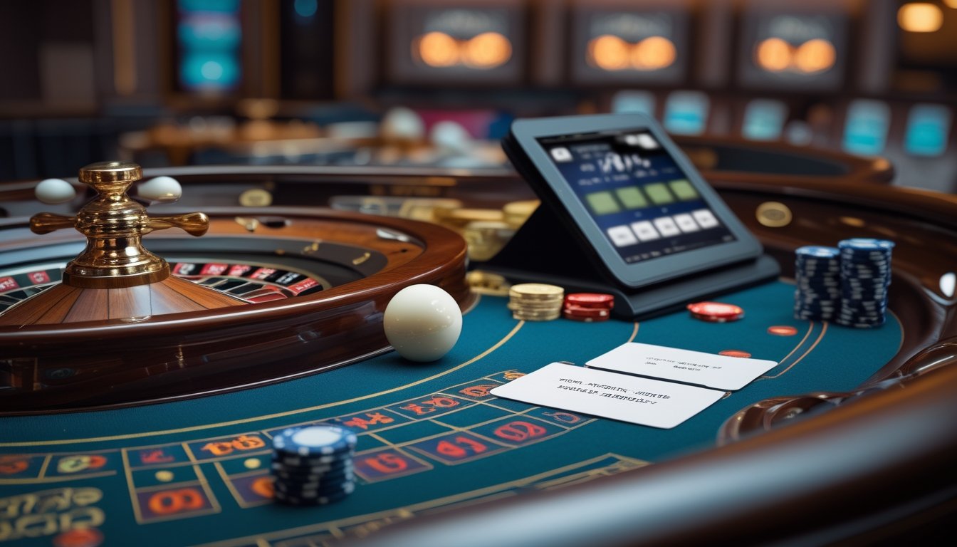 Roda roulette dengan bola, keping taruhan, dan perangkat analisis di meja kasino.