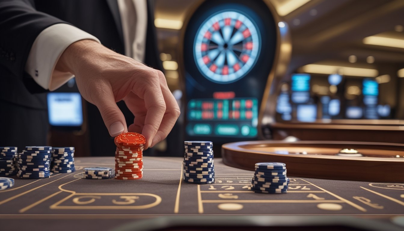 Tangan pemain menempatkan satu keping taruhan di meja roda roulette di kasino modern.