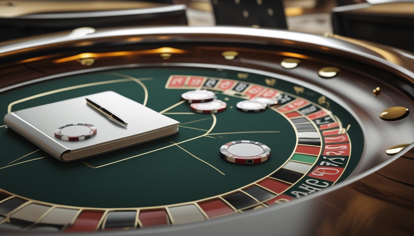Meja roulette dengan satu keping taruhan pada satu nomor, ditemani catatan dan ponsel di lingkungan kasino.