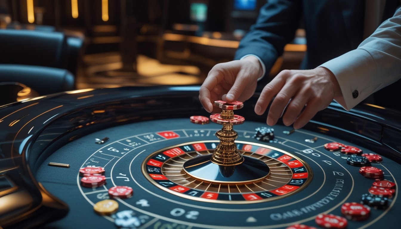 Meja roulette modern dengan roda roulette bercahaya, keping taruhan, dan tangan pemain yang menempatkan taruhan di kasino elegan.