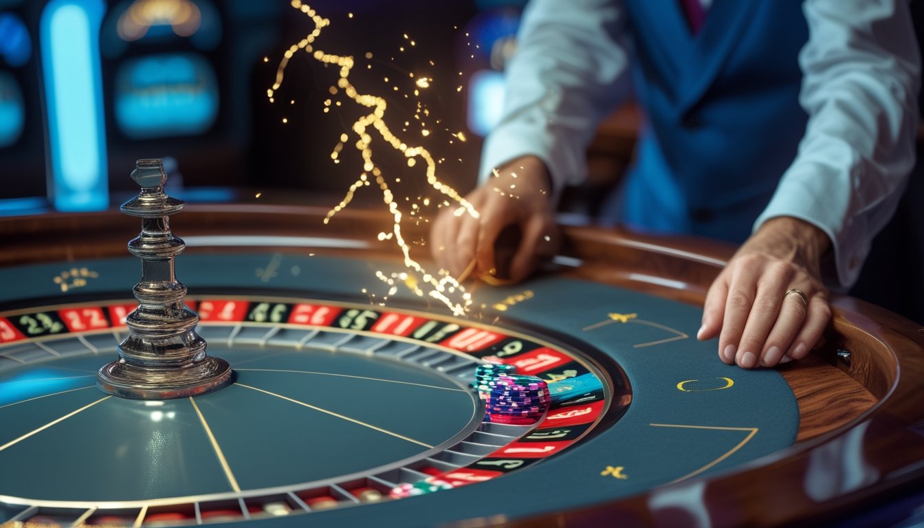 Meja roulette dengan roda permainan, keping taruhan, croupier, dan efek kilatan cahaya di suasana kasino.