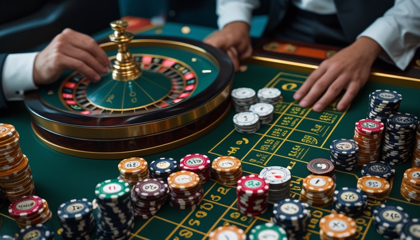 Roda roulette dan keping taruhan tersusun rapi di atas meja kasino, dengan tangan pemain menempatkan keping secara hati-hati.