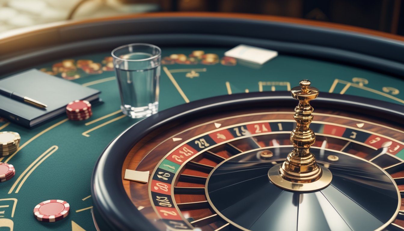 Meja roulette dengan roda permainan, keping taruhan yang tertata, dan buku catatan di lingkungan kasino yang tenang.