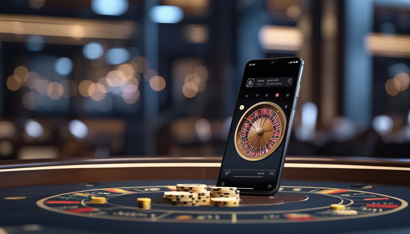 Ponsel Android menampilkan permainan rolet di atas meja kasino dengan roda rolet dan keping taruhan.