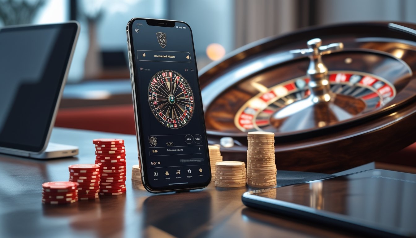 Ponsel menampilkan permainan roulette di samping roda roulette dan keping taruhan pada meja modern.