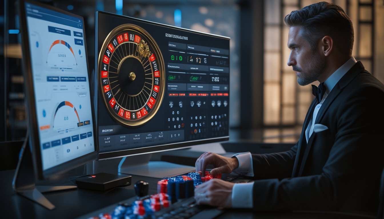 Pria berpakaian formal mengamati meja roulette online dan grafik analisis di ruang modern.