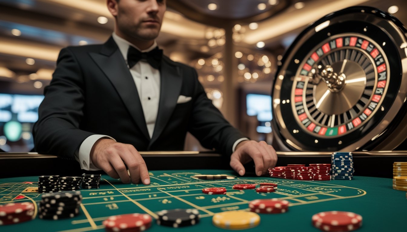 Seorang pria mengenakan tuksedo menempatkan beberapa chip pada meja roulette sambil mengamati roda roulette dan tata letak taruhan.