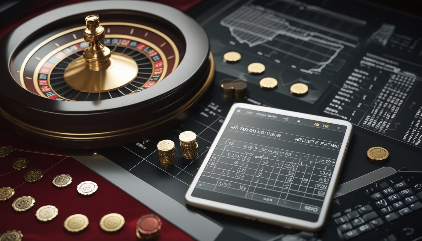 Roda roulette dengan alat analisis statistik dan grafik probabilitas di meja kasino.