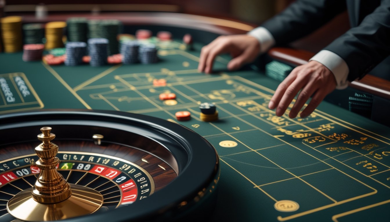 Meja roulette dengan roda, keping taruhan, dan tampilan analisis probabilitas di kasino modern.