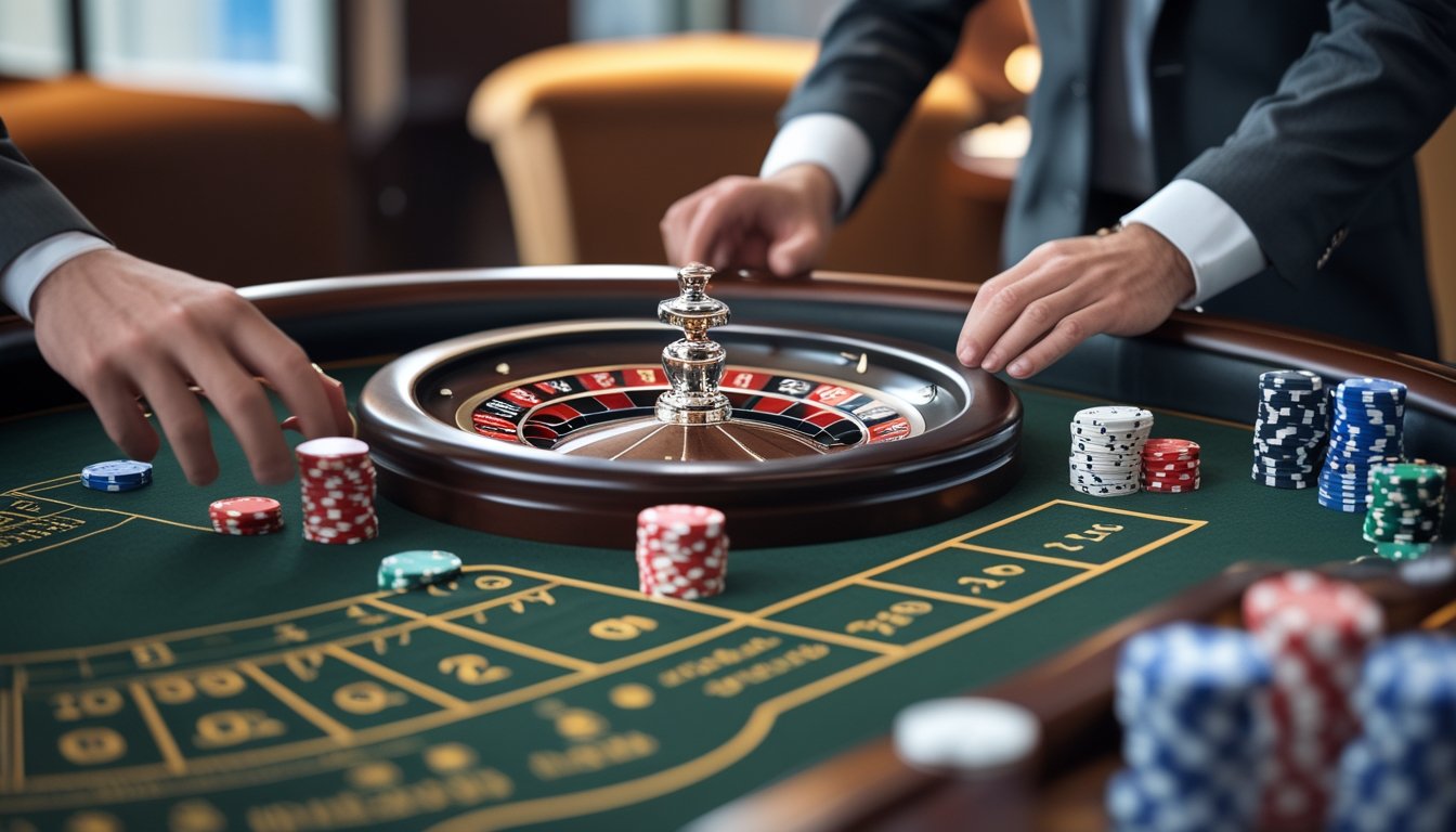 Seorang pemula menata beberapa chip di meja roulette dengan bimbingan instruktur kasino.