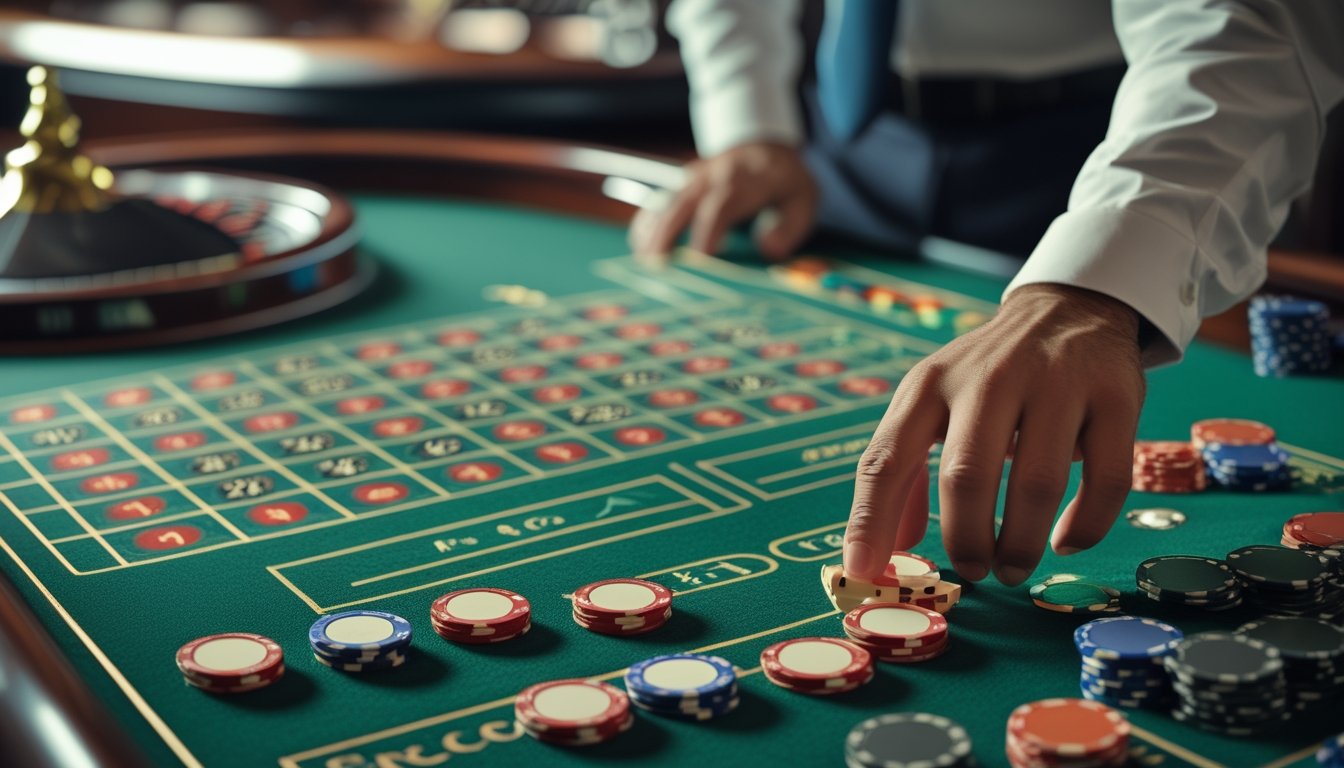 Pemula mengamati meja roulette dengan beberapa chip taruhan sederhana dalam suasana kasino yang rapi.