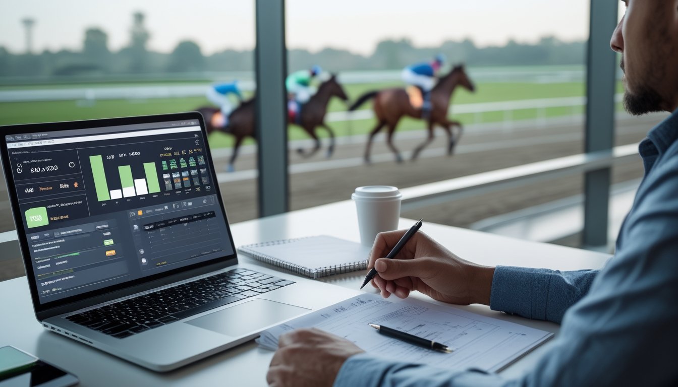 Seorang bettor meninjau rencana keuangan dan anggaran taruhan dengan latar pacuan kuda.
