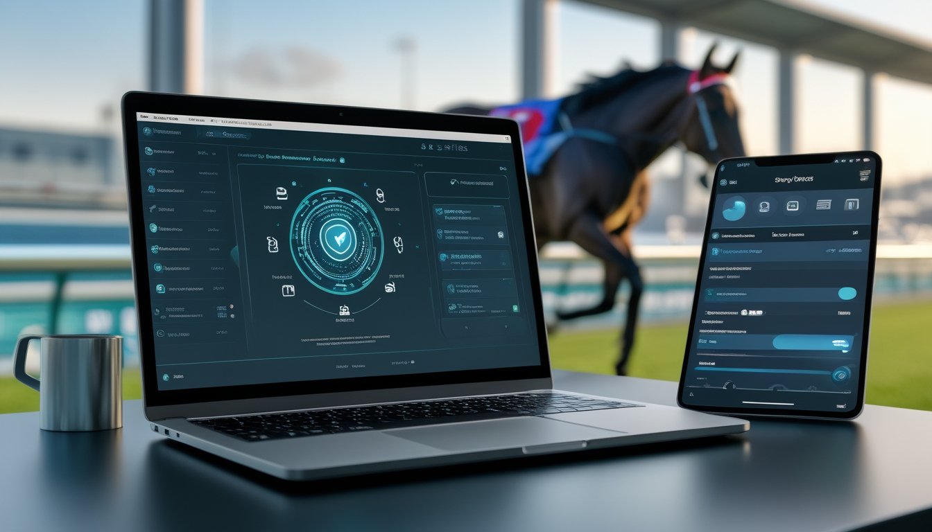 Perangkat digital dengan simbol keamanan berada di dekat lintasan pacuan kuda dan layanan pelanggan.