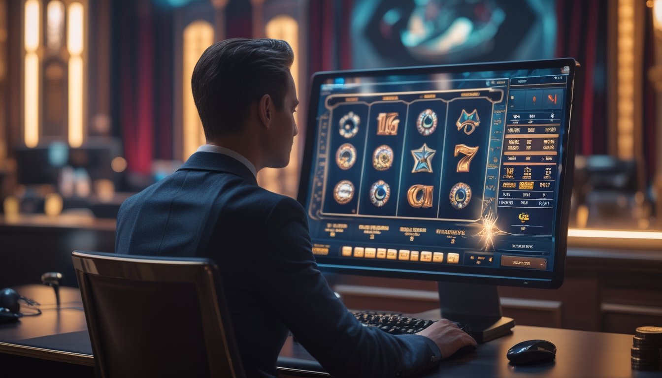Pemain dewasa menganalisis permainan slot digital di meja dengan suasana kasino elegan dan simbol waktu serta strategi.