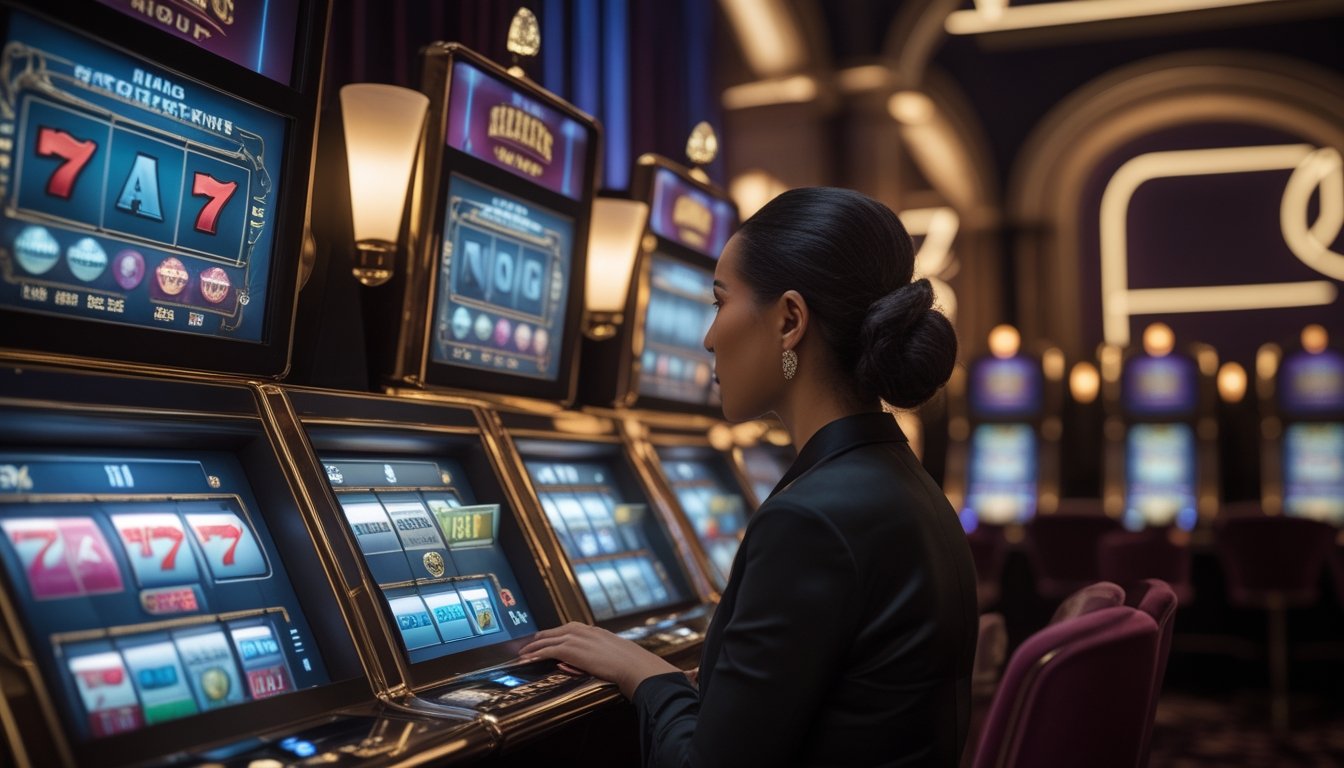 Seorang pemain dewasa menganalisis mesin slot bernuansa gotik di dalam kasino yang elegan.